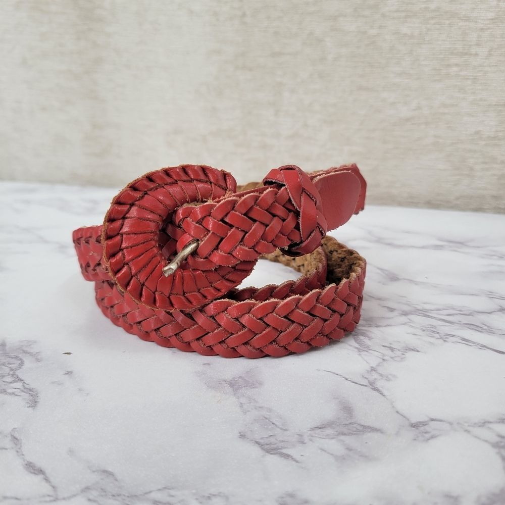 Vintage Braided Woven Coral Red Leather Belt Boho Slender Slim